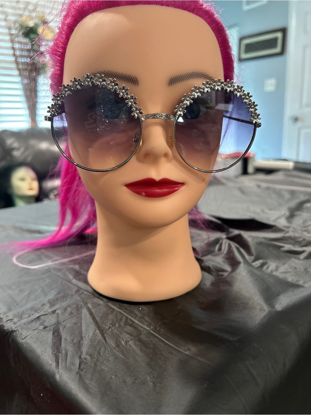 Round Crystal-Embellished Sunglasses - Silver Frame, Gradient Lenses